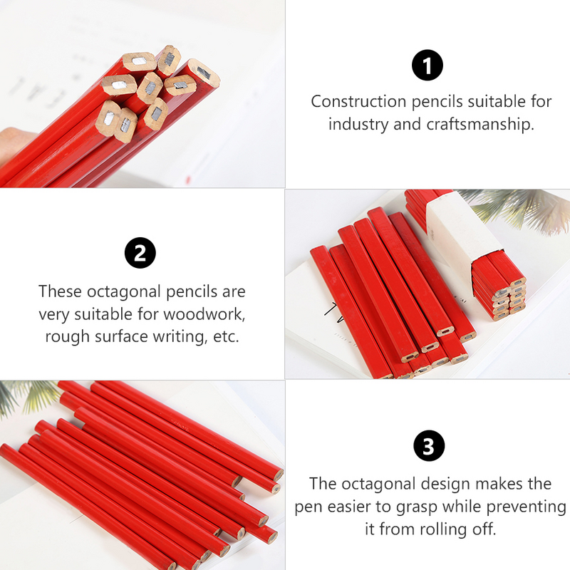Carpenter Marker Woodworking Octagonal Red Hard Black Lead Flat Wooden Pencils