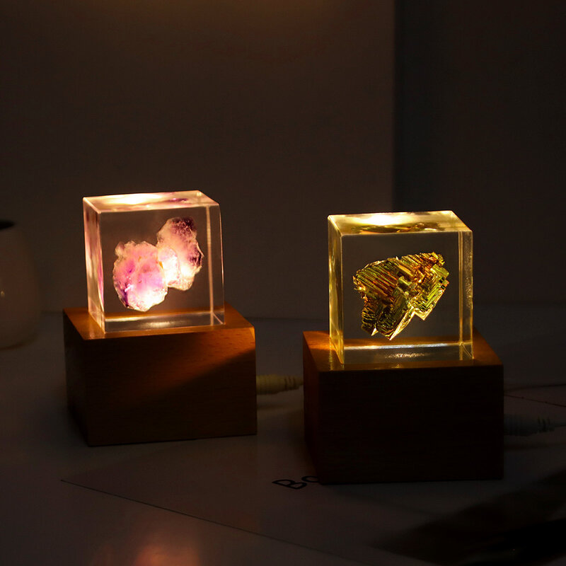 큐브 유기체 송진 테이블 조명, 창의적인 아트 장식, 크리스탈 램프, 스톤 표본 테마, 야간 조명, USB 충전, 5cm
