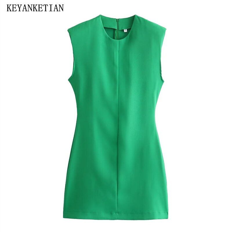 Keyanketian 2024ชุดเดรสแขนกุดเปิดไหล่สำหรับผู้หญิงฤดูร้อนแฟชั่นมีซิปหลังคอกลมชุดมินิเดรสเขียวเพรียวบาง