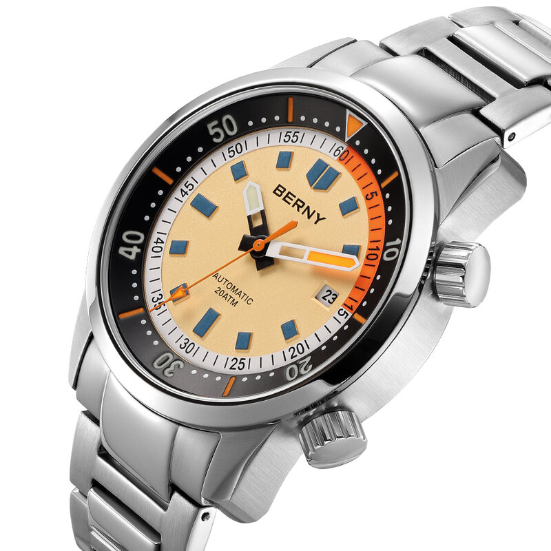 Berny นาฬิกาดำน้ำออโตเมติกสำหรับผู้ชาย20AMT ส่องสว่างมากนาฬิกาดำน้ำผู้ชายไพลินทำจากสแตนเลสสตีล