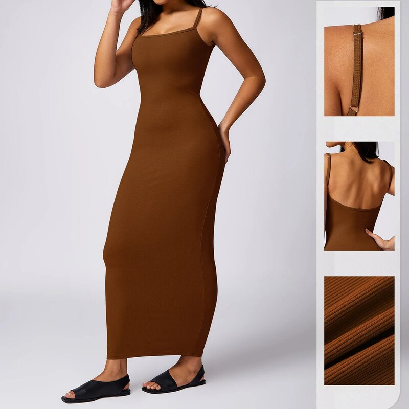 Pure Desire Bottoming Skinny Package Hip Dress Threaded Suspenders Sexy Spice Slim Casual Yoga Solid Color Long Dress Outside