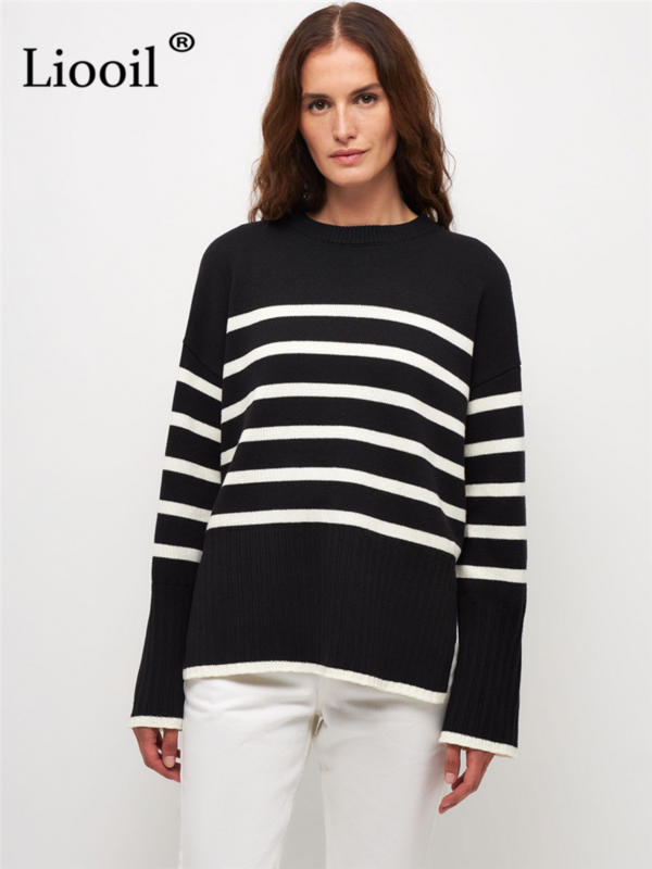 Women Stripe Knit Sweater Pullover Long Sleeve Knitted Tops O Neck Female Jumper Autumn Winter Streetwear White Baggy Sweaters