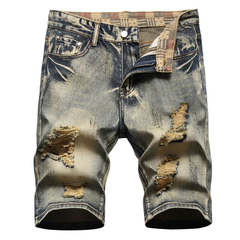 Jeans rasgado de rua alta masculino, calça justa, calça média, cinco cêntimos, rasgado, nostalgia, moda verão