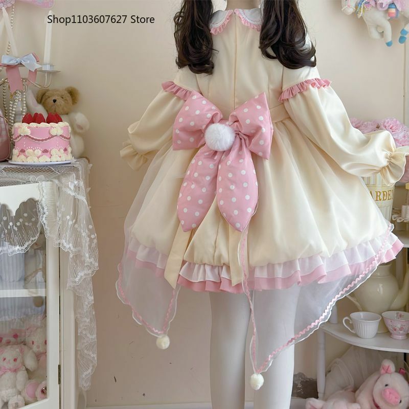 Kawaii Lolita OP sukienka damska słodka kokarowe falbany kreskówka króliczek z długim rękawem Mini sukienki japońskie dziewczyny gotycka sukienka księżniczki