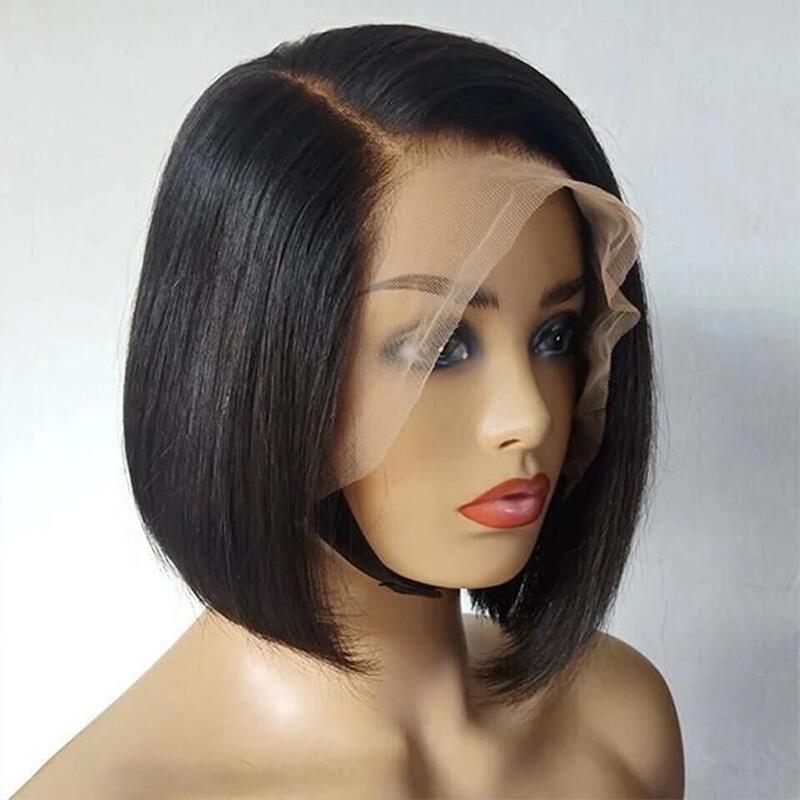 N.L.W koronkowe peruki z ludzkich włosów z przodu naturalne czarne 13*4 krótki Bob proste ludzkie peruki 12-calowe przednie włosy dla kobiet o 180% gęstości