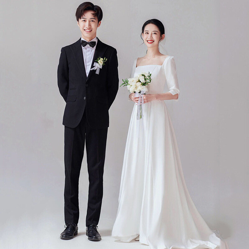 Gaun pengantin wanita manis sederhana, gaun pernikahan kustom renda lengan pendek gaya Korea dengan kereta kecil