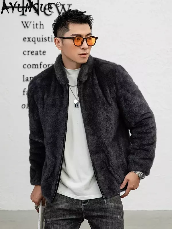 AYUNSUE Natural Mink Real Fur Coat Luxury Winter Jackets for Men 2023 Solid Color Mink Fur Jacket Baseball Collar Abrigo Hombre