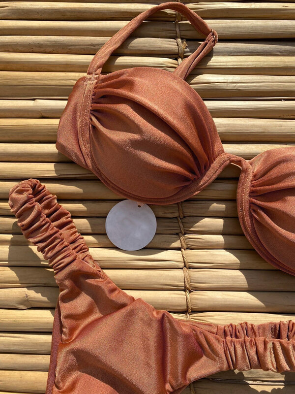 女性のためのセクシーなプッシュアップビキニセット,ブラジルの水着,女性の水着,単色の水着,光沢のあるビーチウェア,2021