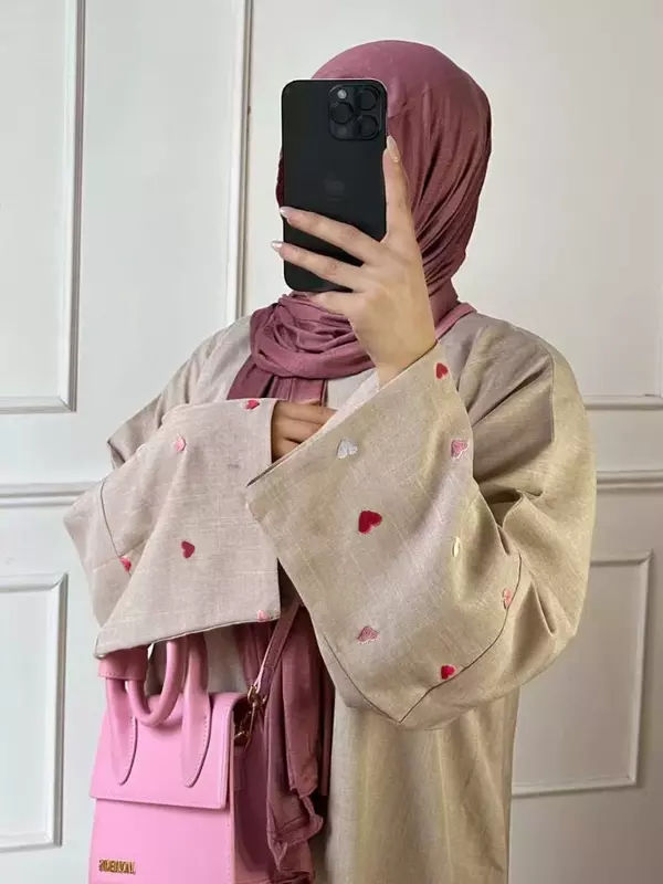 Abaya Muslim bordir hati cinta untuk wanita gaun Lebaran Maroko renda Abaya Kaftan Islam Cardigan Dubai jubah panjang Arab