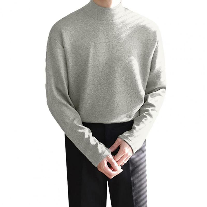 Camiseta de manga comprida com gola meia alta masculina, pulôver quente, mangas compridas macias, parte superior inferior elástica, roupa solta, outono, inverno