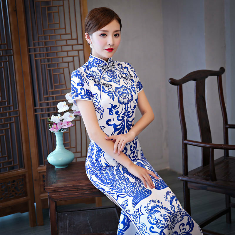 Haft luksusowe cekiny wspaniały długi widelec satyna Cheongsam pokaz sceniczny taniec sukienka elegancka seksowna wąska obcisła suknia Qipao