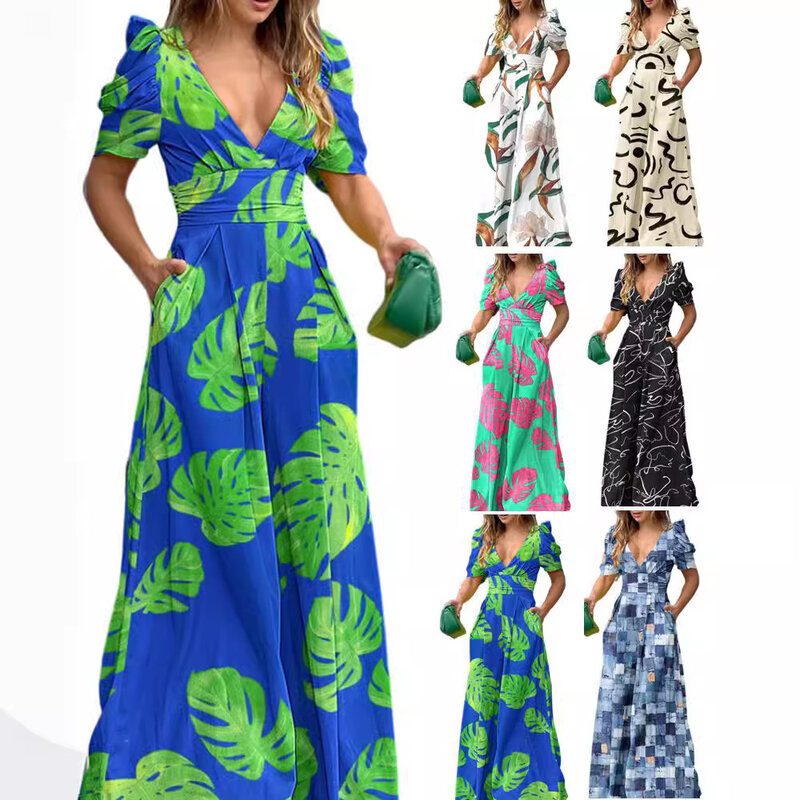 High Quality Women's Printed V-neck Lantern Sleeves, Waist Length Pants Short Sleeved Jumpsuit Date Outfit Women Club Outfits