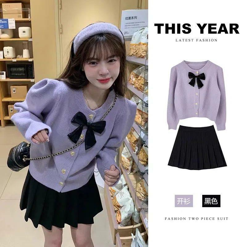 Осенний комплект в Корейском стиле, улучшенная Мода для девочек, фиолетовый вязаный кардиган с бантом, свитер, Женская плиссированная юбка, Женский комплект униформы Jk