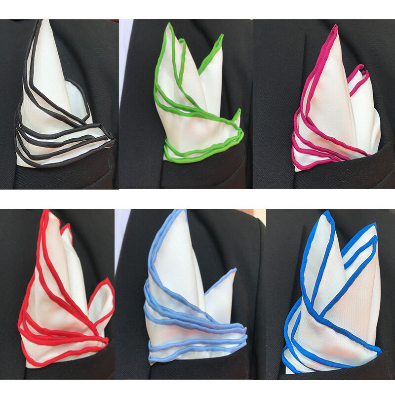 Quadrados de bolso de bainha enrolados à mão para homens, lenços brancos elegantes, seda amoreira natural, bordas coloridas, 34cm