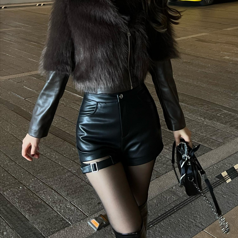 Calções de cintura alta sexy de couro PU preto feminino, roupa gótica apertada, moda de rua Y2K, menina quente, outono e inverno