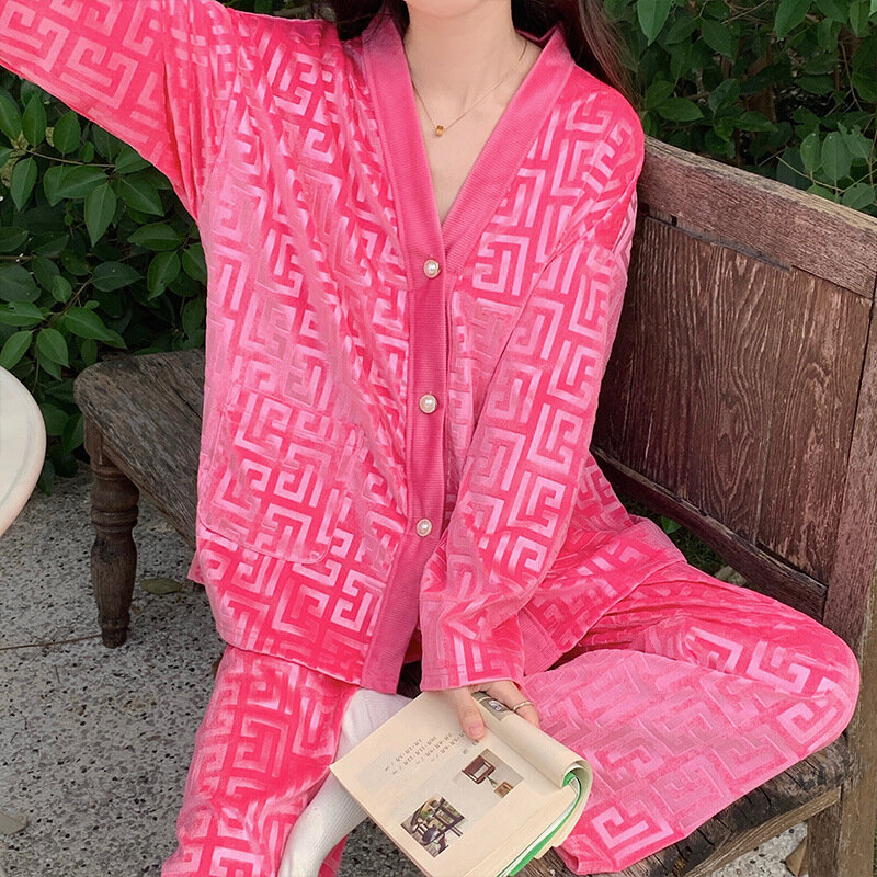Pink Women Velour Warm Pyjamas 2Pcs Loungewear Sleepwear Sexy Jacquard Shirt&pants Nightwear Pijama Mujer Casual Home Clothes