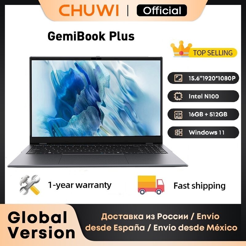 CHUWI-GemiBook Além disso portátil com ventilador de refrigeração, 15.6 ", Gráficos Intel N100, 12th Gen, 1920*1080p, 16GB de RAM, 512GB SSD, Windows 11