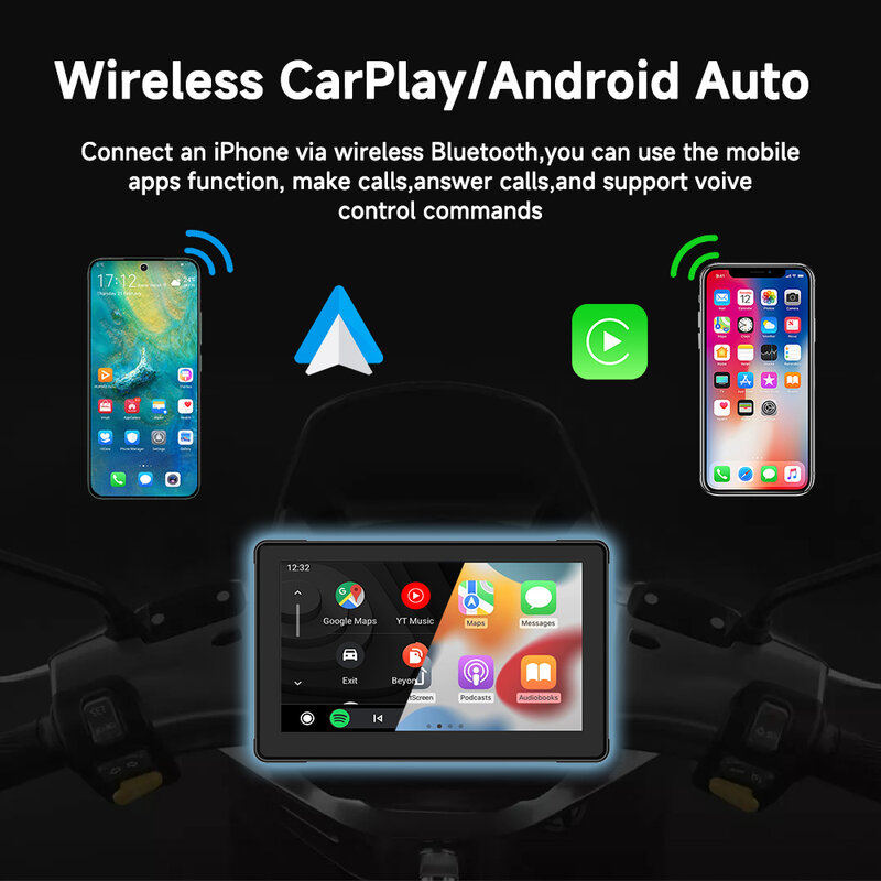7 "Motorfiets Multimedia Speler Gps Navigatie Recorder Draadloze Carplay Android Auto Ip67 Waterdicht Scherm Bluetooth 2024 Nieuwe