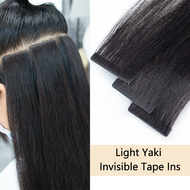 Светильник Yaki, невидимая лента для наращивания волос, человеческие волосы, курчавая прямая лента, волосы без повреждений, бесшовная лента для наращивания волос, 20 шт.