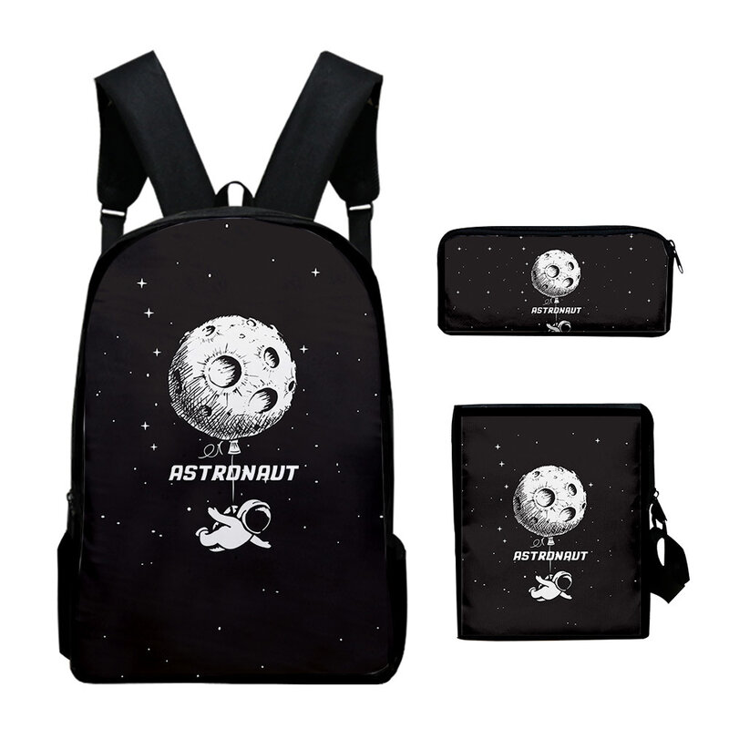 Novidade Astronauta 3D Print School Bags, mochila mochila mochila, bolsa de ombro inclinado, estojo de lápis, bolsa para laptop, clássico, 3pcs por conjunto