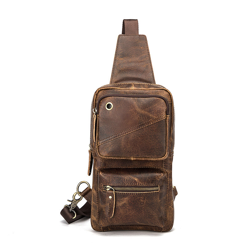 Real Soft Genuine Leather Vintage Triangle  Sling Chest Bag 8" Tablet Design One Shoulder Strap Cross-body Bag For Men Male 8020