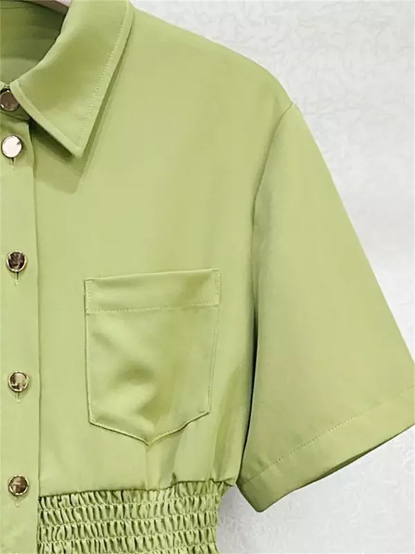 Vestido de camisa verde feminino, manga curta, peito único, gola virada para baixo, cintura elástica plissada, mini robe casual
