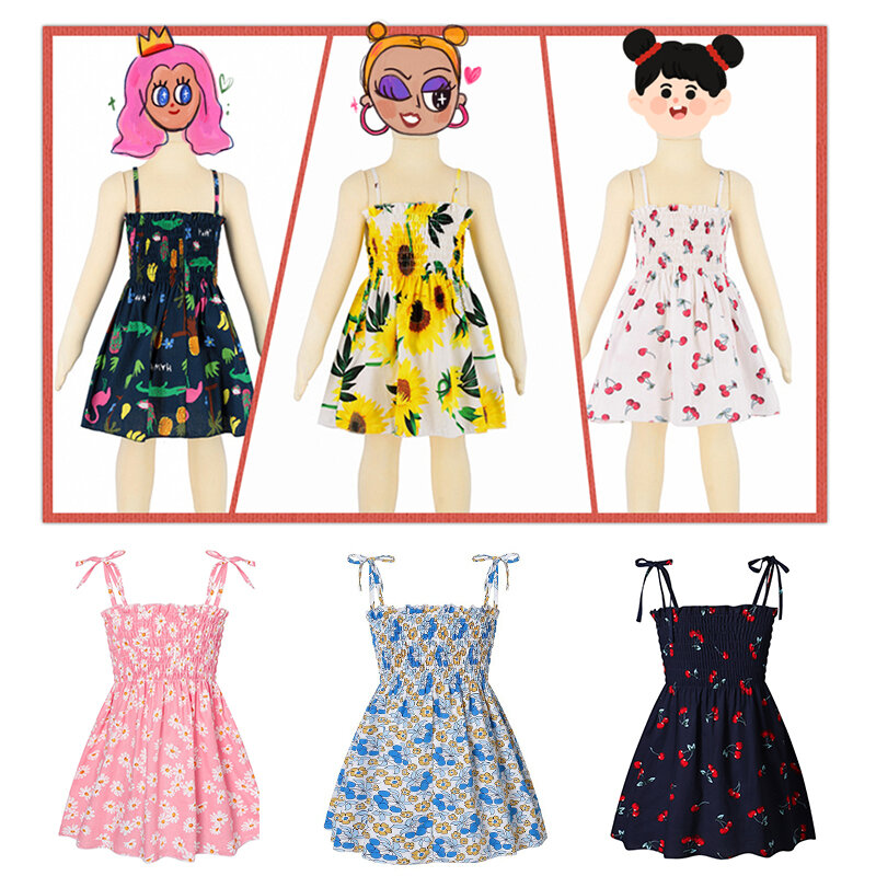 Vestido de algodón con estampado de flores para niñas, ropa informal de verano sin mangas con tirantes para niñas de New1-7 años