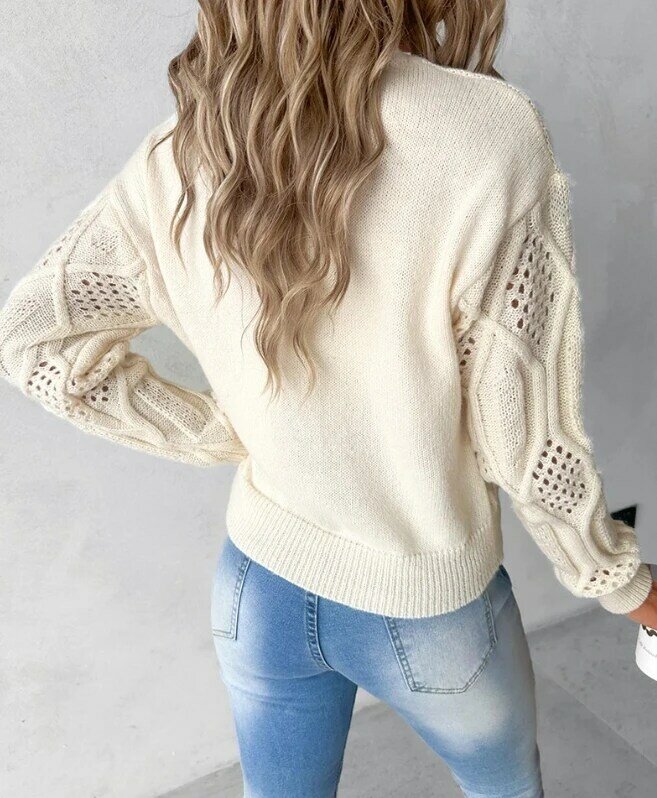 Sweater wanita lengan panjang, Sweater rajut harian, lengan panjang polos, Hollow-Out, leher Mock, fesyen musim gugur