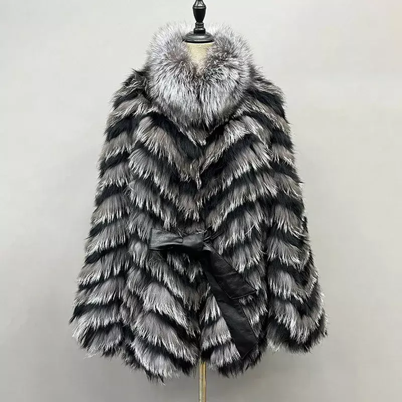 Casacos de pele de raposa real para senhoras, xales de pele natural de luxo, jaquetas listradas, moda novo estilo, inverno, 2024