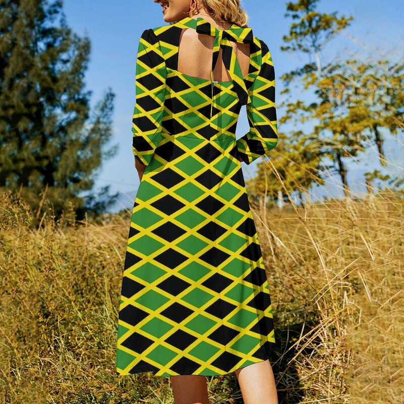 ชุดเดรสลำลองลายธงจาไมก้าชุดเดรสสีดำสีเขียวเหลืองทันสมัยใส่ในฤดูร้อนชุดสตรีทแต่งได้ไซส์ใหญ่