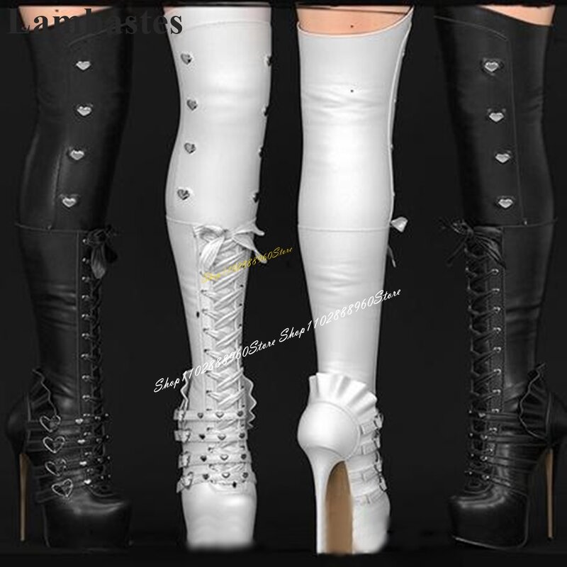 Solid Cross Tied Platform Ruffles Rivet Decoration Boots Thin High Heel Women Shoes Pointed Toe 2024 Sexy Zapatos Para Mujere