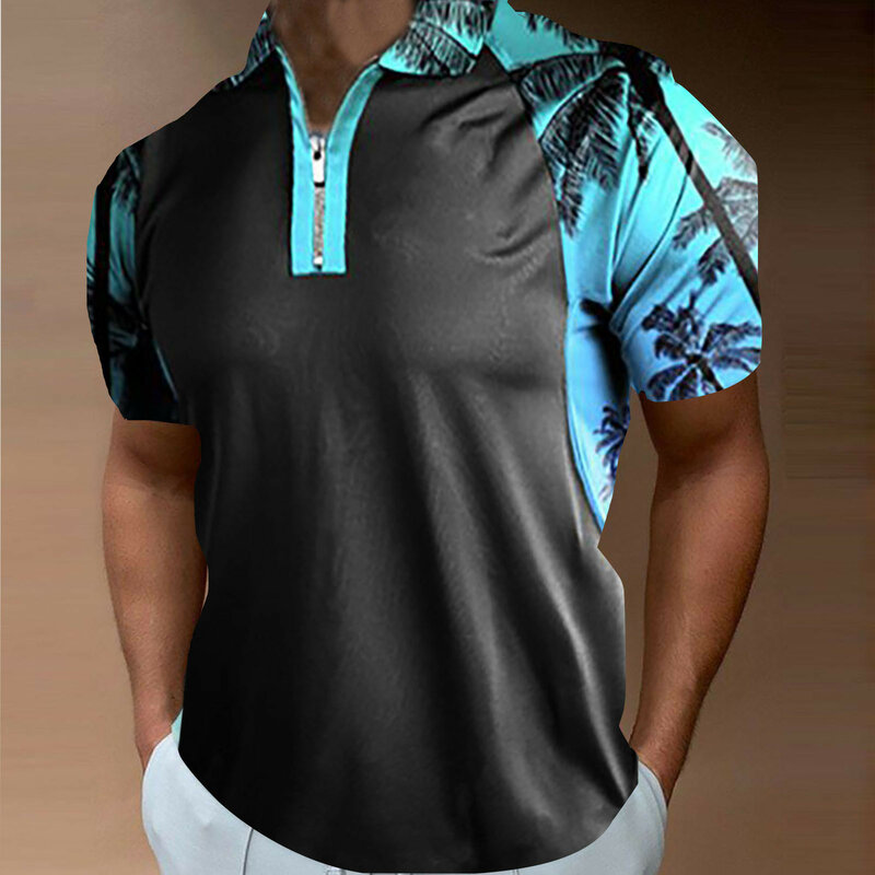 Men Spring And Summer Fashion Loose Lapel Zipper 3D Digital Printing Short Sleeve Top T Shirt Sports male t-shirts