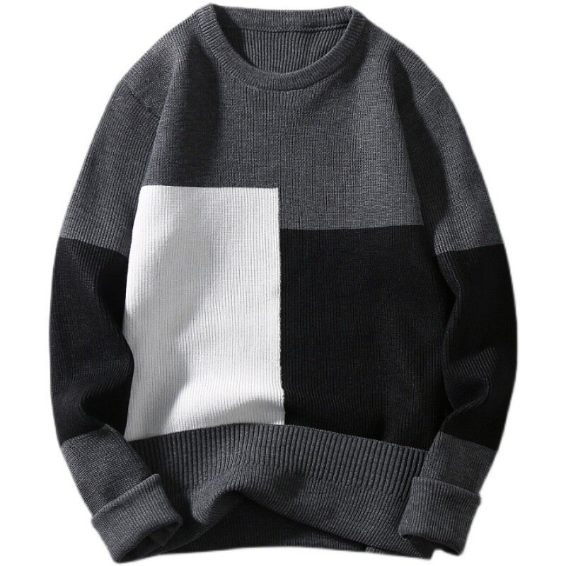Suéter fino de retaldos masculino, suéter casual com fundo, roupas combinando cores, 2023