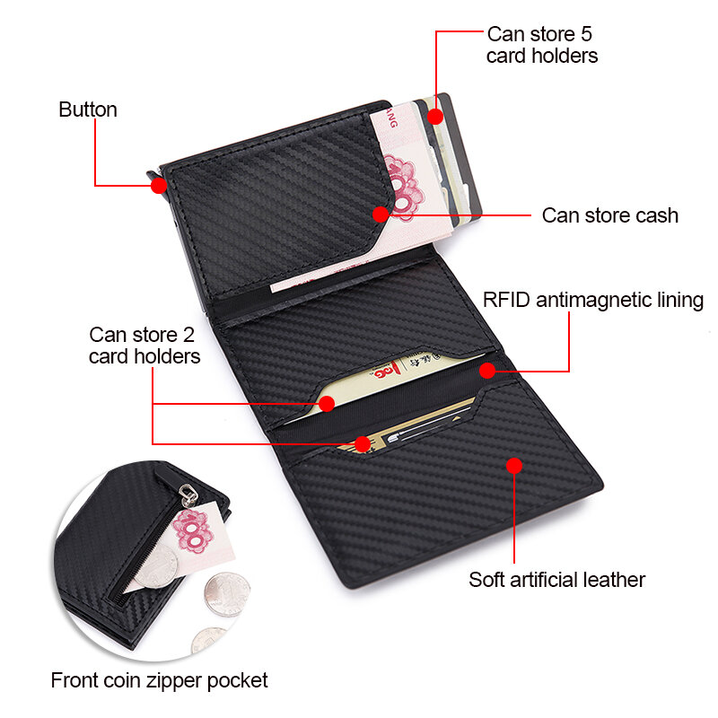 Rfid porta-cartão de fibra de carbono masculino, sacos de dinheiro, couro fino fino de metal, mini carteira masculina, preto, novo, 2022