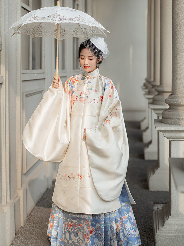 Terno Hanfu de tecido longo original para mulheres, casaco de gola alta, saia dourada da cara de cavalo, tradicional chinesa, dinastia Ming tradicional