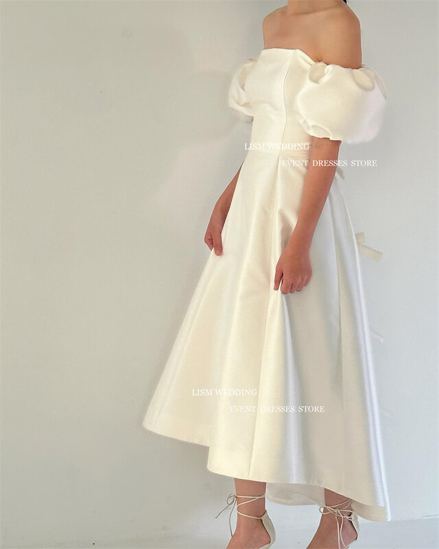 LISM Simple A-Line Korea Wedding Dresses Photo Shoot Satin Strapless Corset Bow Back Ankle Length Bridal Gowns Plus Size Custom