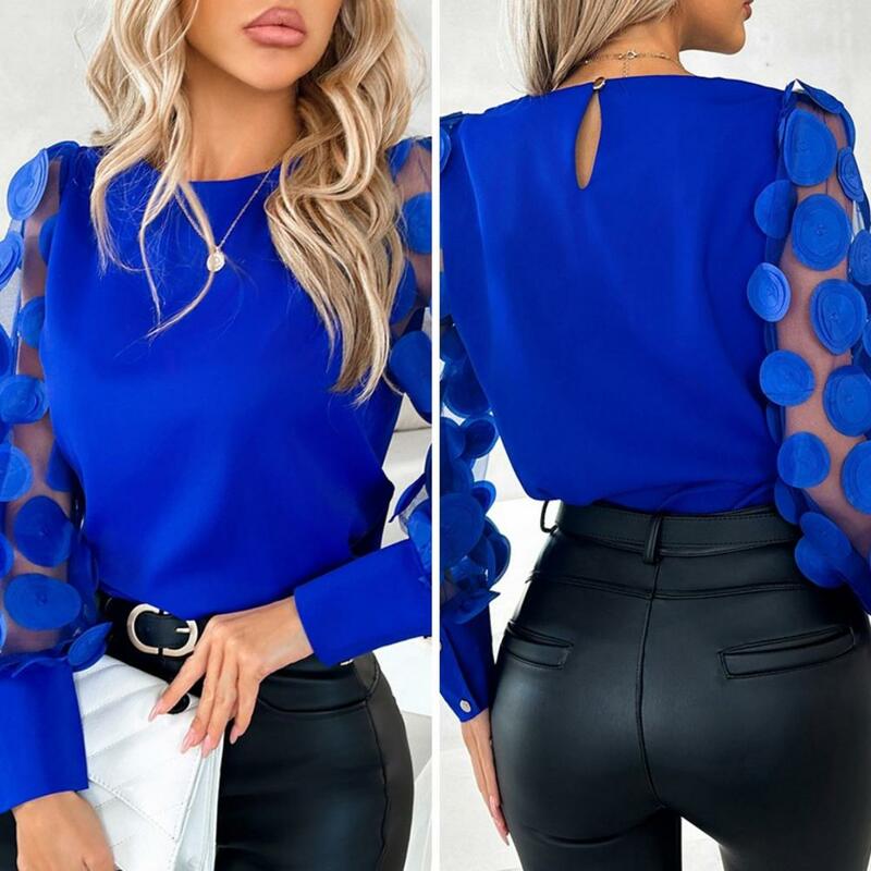 Comfortable Casual Blouse Elegant Women's Mesh Long Sleeve Blouse with Flower Decor for Fall Spring Office Wear Hollow Patchwork