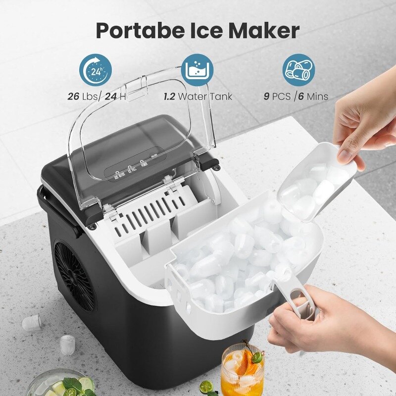 Máquina de gelo portátil de bancada com alça, Máquina de gelo auto-limpante, Eletrodomésticos, com colher, 26 lb, 24 horas