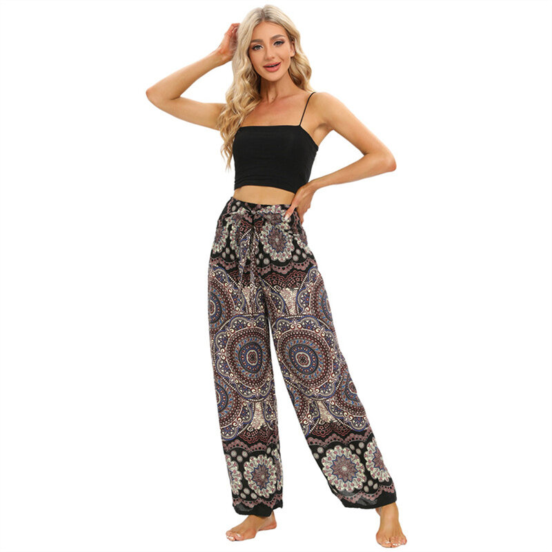 Pantalones de Yoga bohemios para mujer, pantalón largo de pierna ancha con estampado Floral Vintage de rayón, cintura alta elástica, ropa de exterior para el hogar, 2024
