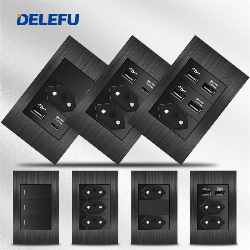 DELEFU Black Aluminum Brushed Panel 4*2 Swiss, Brazilian Standard 10A 20A Wall Socket, Type-C Charging wall Socket