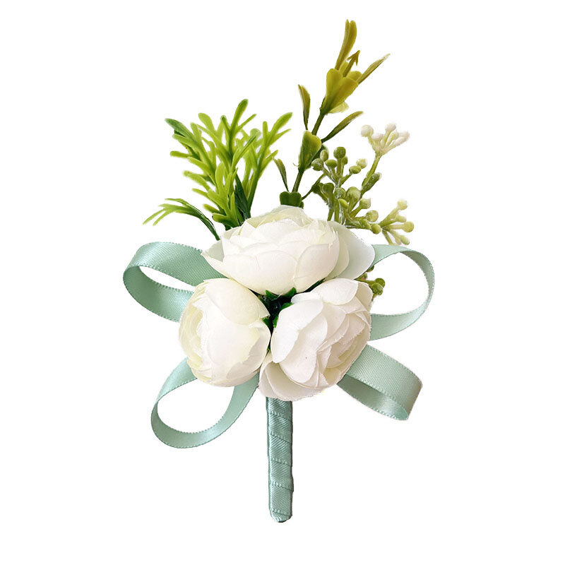 Groom Buttonhole White Boutonniere Wedding Accessories Bridesmaids Wrist Corsage Bracelet Silk Roses Artificial Brooch Flowers
