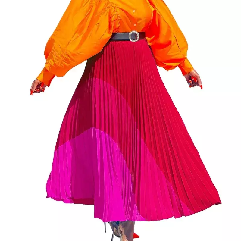 กระโปรงยาวพิมพ์ลายไล่ระดับสีสำหรับผู้หญิงชุดเดรสเอวสูงแบบกระโปรงมีจีบทรงเอพร้อมเข็มขัด