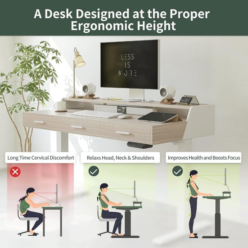 Stojące biurko elektryczny z szufladami, 55x2 6 Cal stojące biurko regulowana wysokość, biurko do komputera z półką na Monitor,