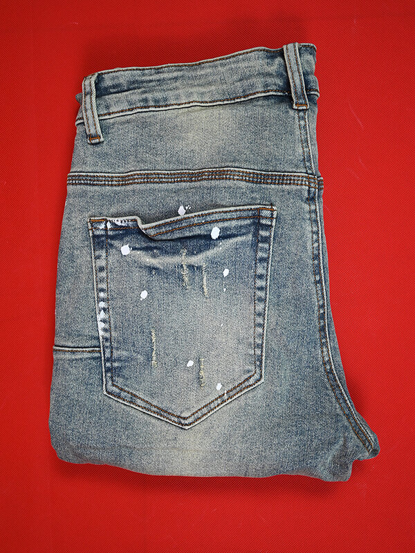Paarse Roca Merk Jeans High Street Vintage Spotted Indigo Gecoate Mid Rise Slanke Jeans Snowwash Hoge Kwaliteit Drop Shipping