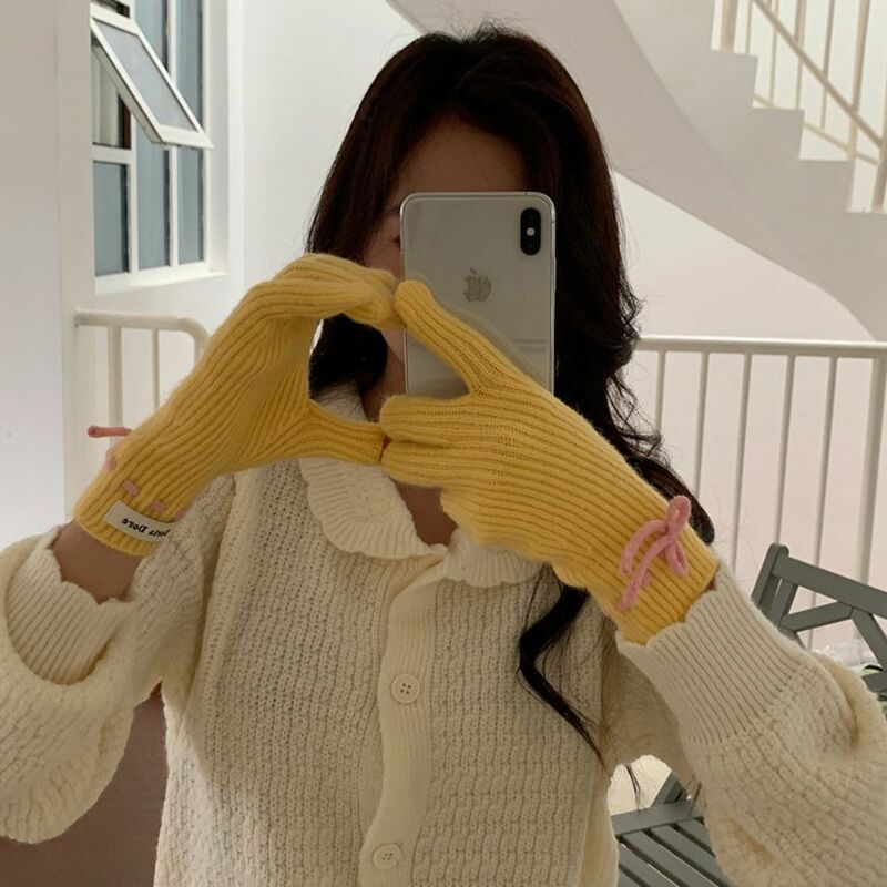 Winter Unisex Cute Bow Knitted Gloves Thicken Warm Mittens Solid Color Full Finger Guantes Touch Screen Gloves For Women&Men