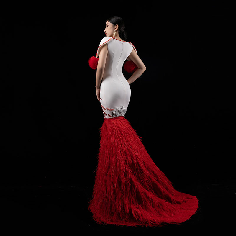 Bai sha jährliche Sitzung Abendkleid weibliche benutzer definierte Straußen haar neue Stickerei elegante Meerjungfrau Rock für Hochzeits gast h555
