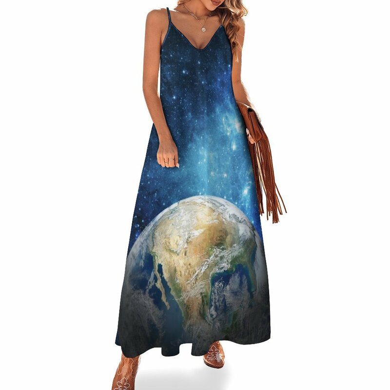 Planet Bumi dari tema luar angkasa. Gaun tanpa lengan gaun panjang wanita musim panas gaun panjang 2023 wanita musim panas