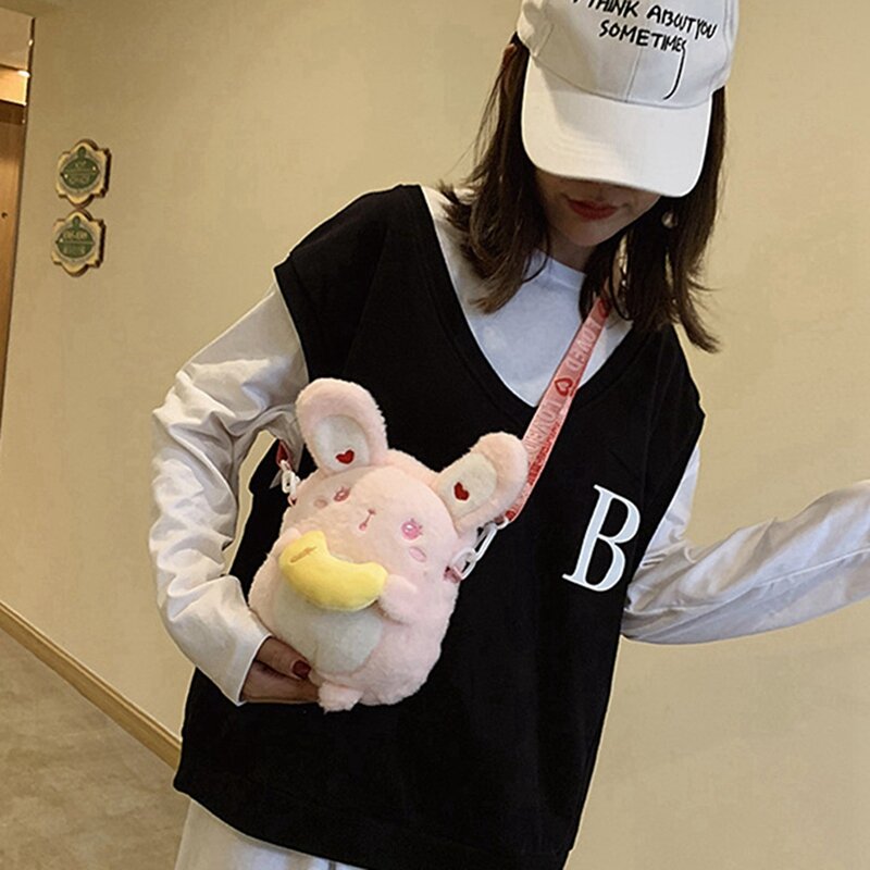 NEW-2X Bag Girl Cute Rabbit Messenger Bag Girl Purse Storage Bag Messenger Shoulder Bag Rabbit Bag Girl Heart White & Pink