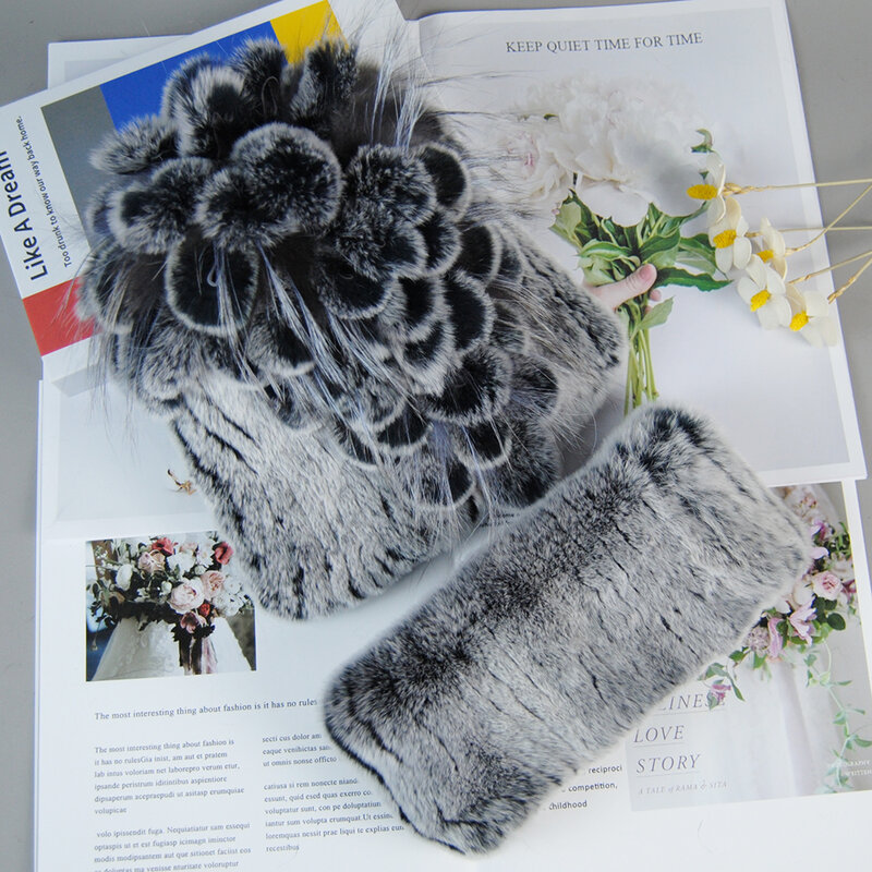 Conjunto de bufandas cálidas de piel de conejo Rex para mujer, gorros de piel de invierno, 2 piezas