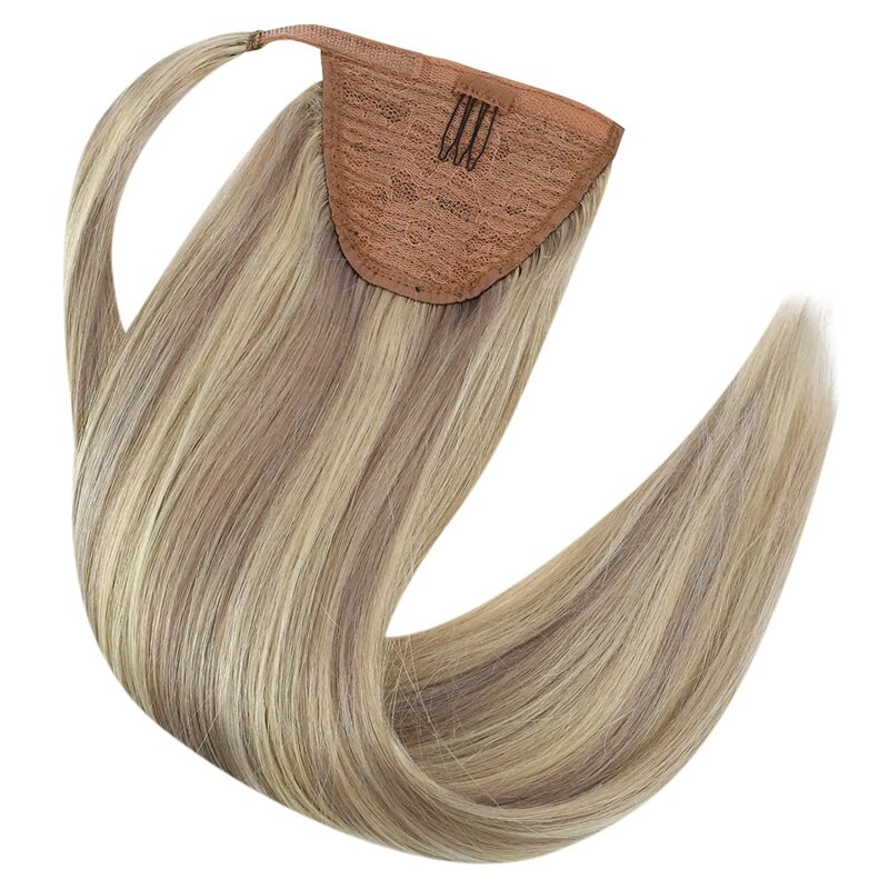 ポニーテールヘアエクステンション,理髪店の形をした自然なブロンドの髪のクリップを備えたフルシャインポニーテール